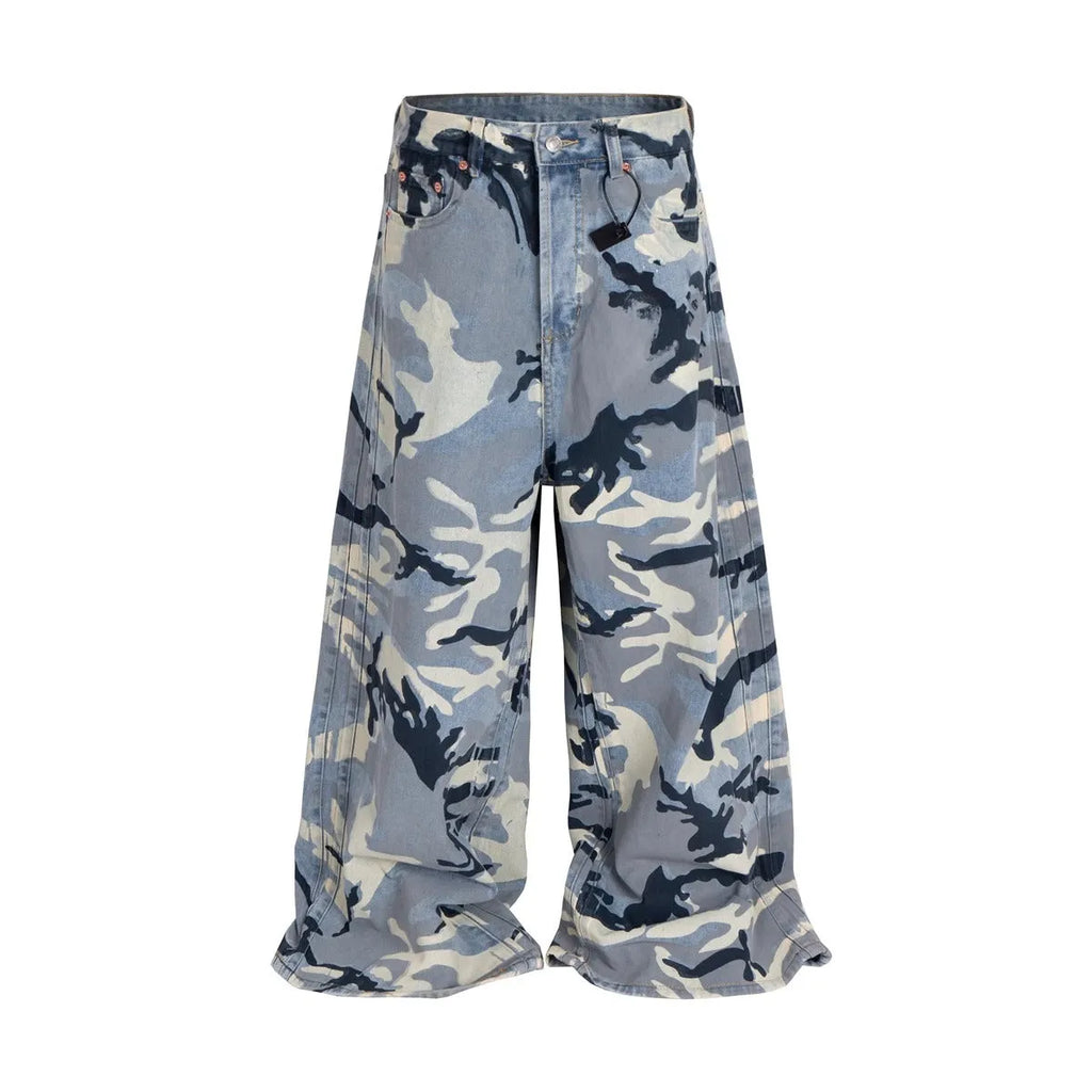 Snow camouflage blue loose fit jeans trousers with cotton elastic denim fabric