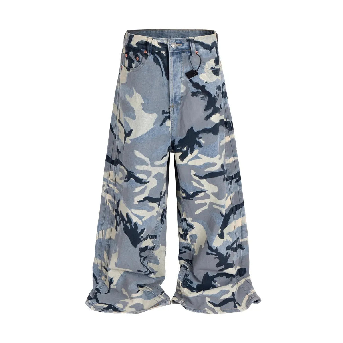Snow camouflage blue loose fit jeans trousers with cotton elastic denim fabric