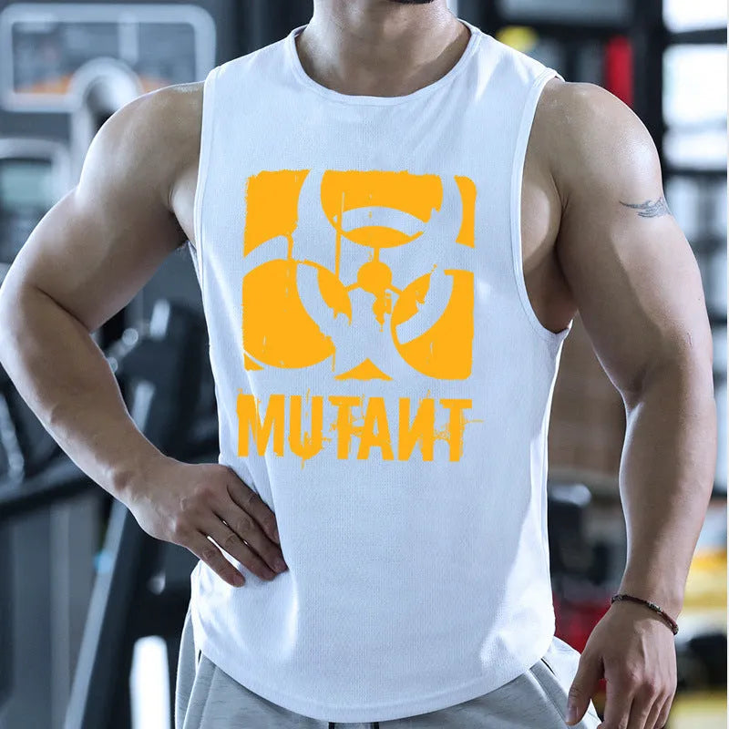 Loose grey polyester fitness vest sleeveless shirt on a hanger, showing its waistcoat design.