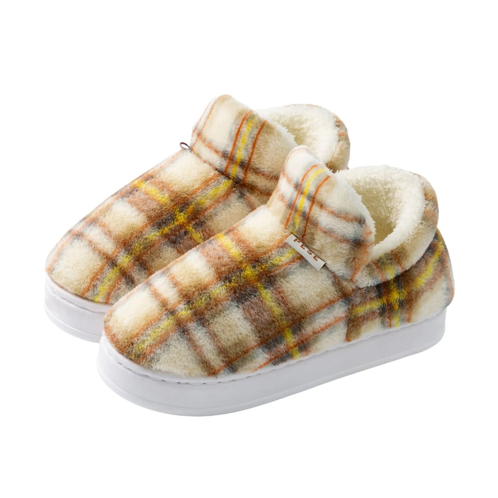 Indoor home slippers with non-slip PVC sole and plush upper in yellow, green, purple, gray, coffee colours, round toe, shoe-cover style