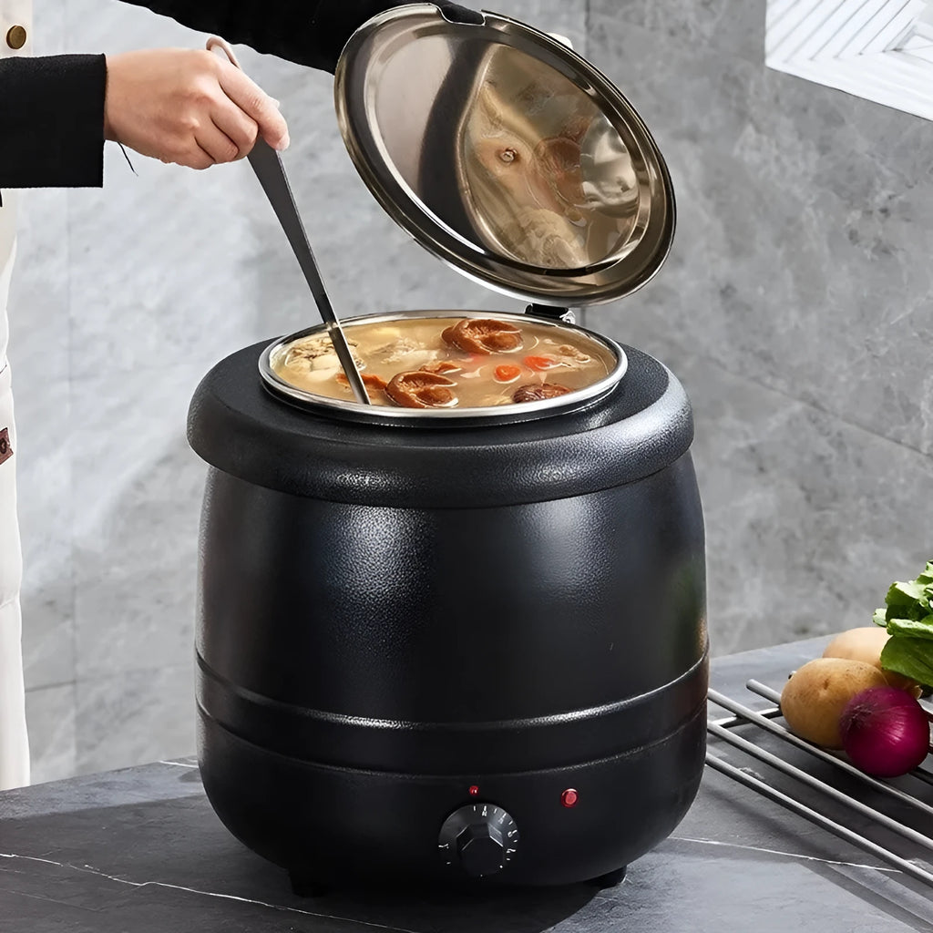 Black stainless steel insulated soup pot with steel lid and electric cord, showing large mouth opening.