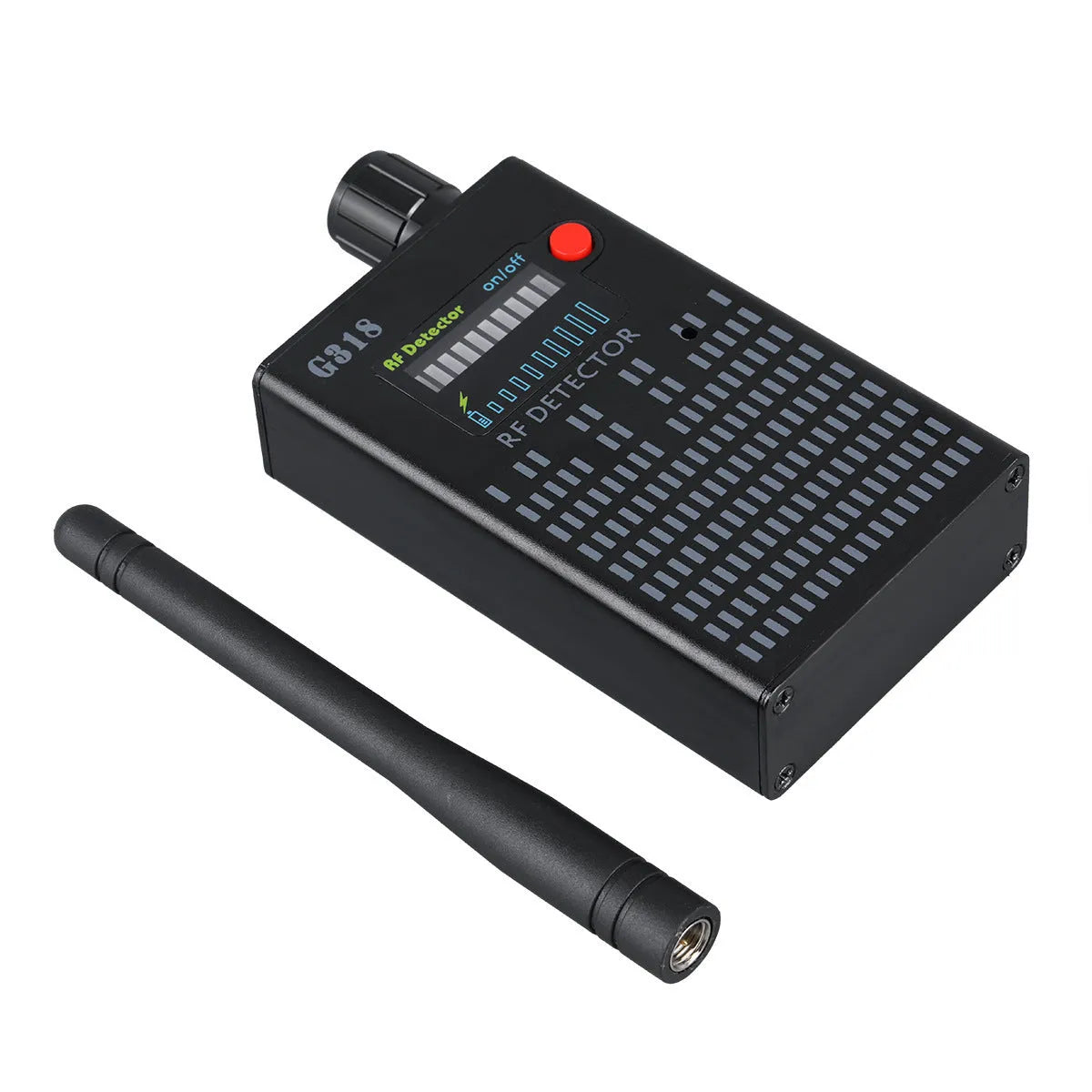 Black G318 anti-theft camera detector with aluminum alloy body measuring 102mm length