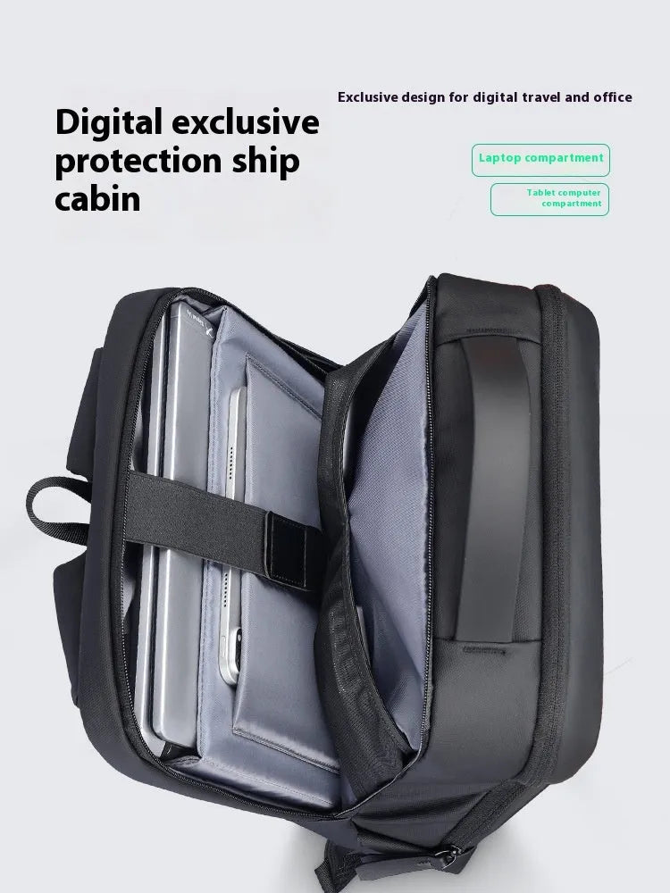 Graphite grey business backpack with USB charging port showing organised compartments and Oxford cloth material