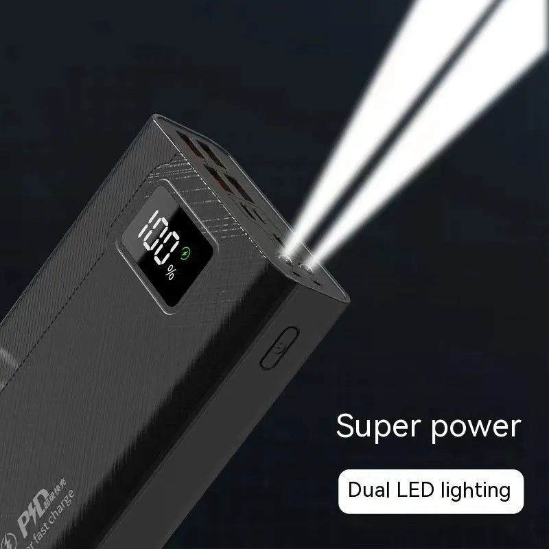 Large capacity power bank in black or white with plastic shell, showing fast charging capability and multiple capacity options
