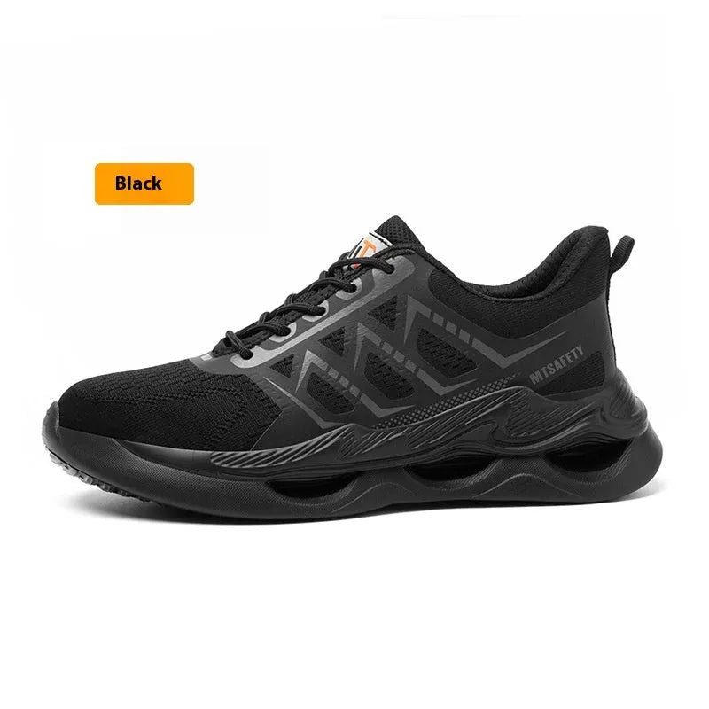Black low-top safety shoes with a lace-up front, knitted upper, and a visible rubber sole with steel toe cap protection.