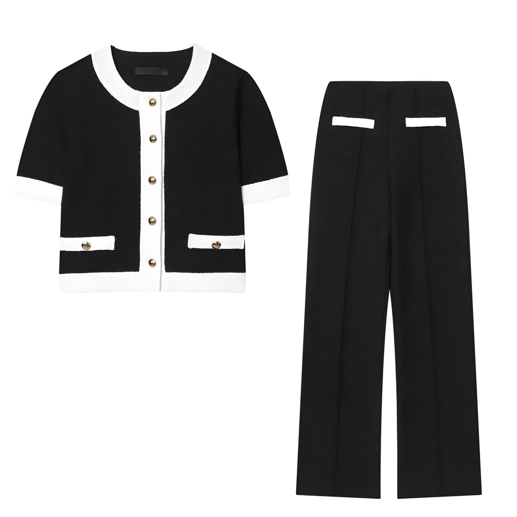 Women's polyester casual suit with beaded leather-look top and stretch high-waisted trousers