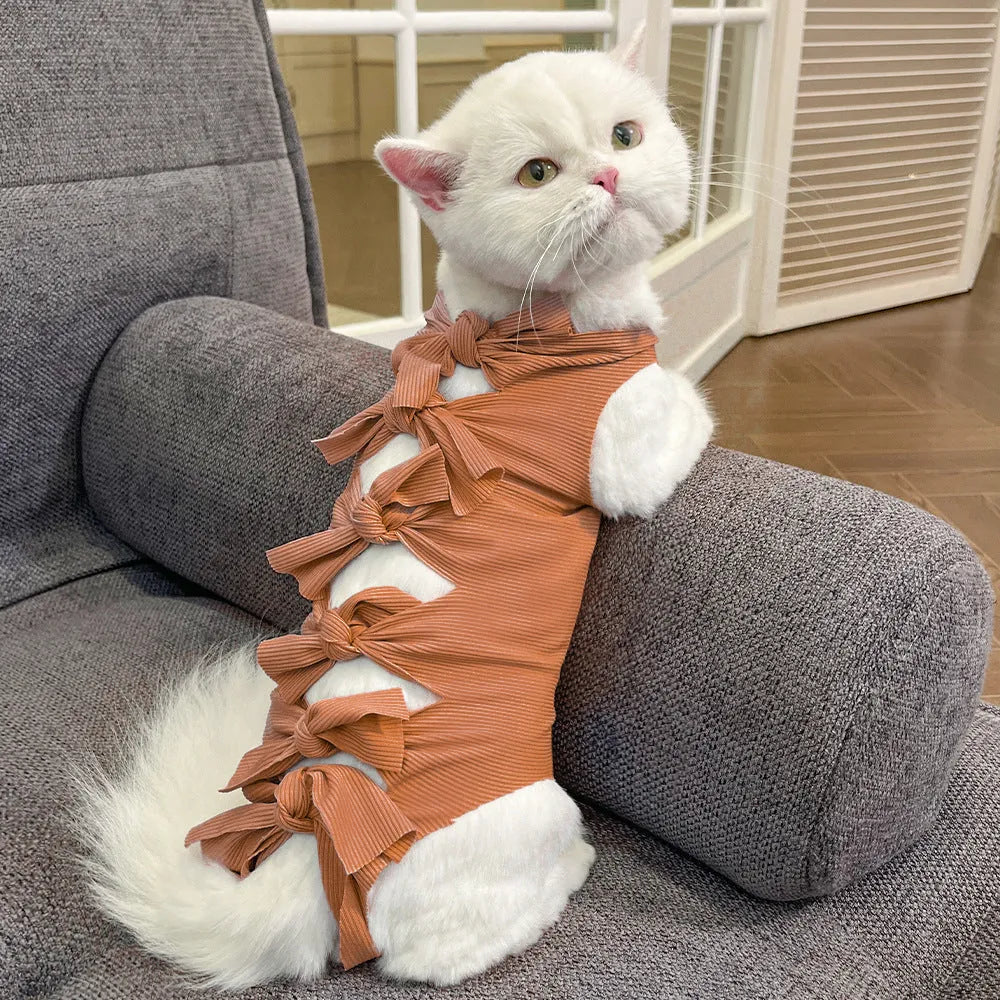Lace-up cat sterilisation recovery clothing in polyester, shown in various colours and sizes.