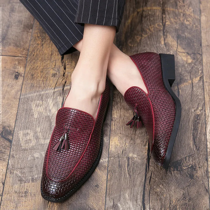 Men's black pointed toe slip on business shoes with tassel decoration on artificial PU leather