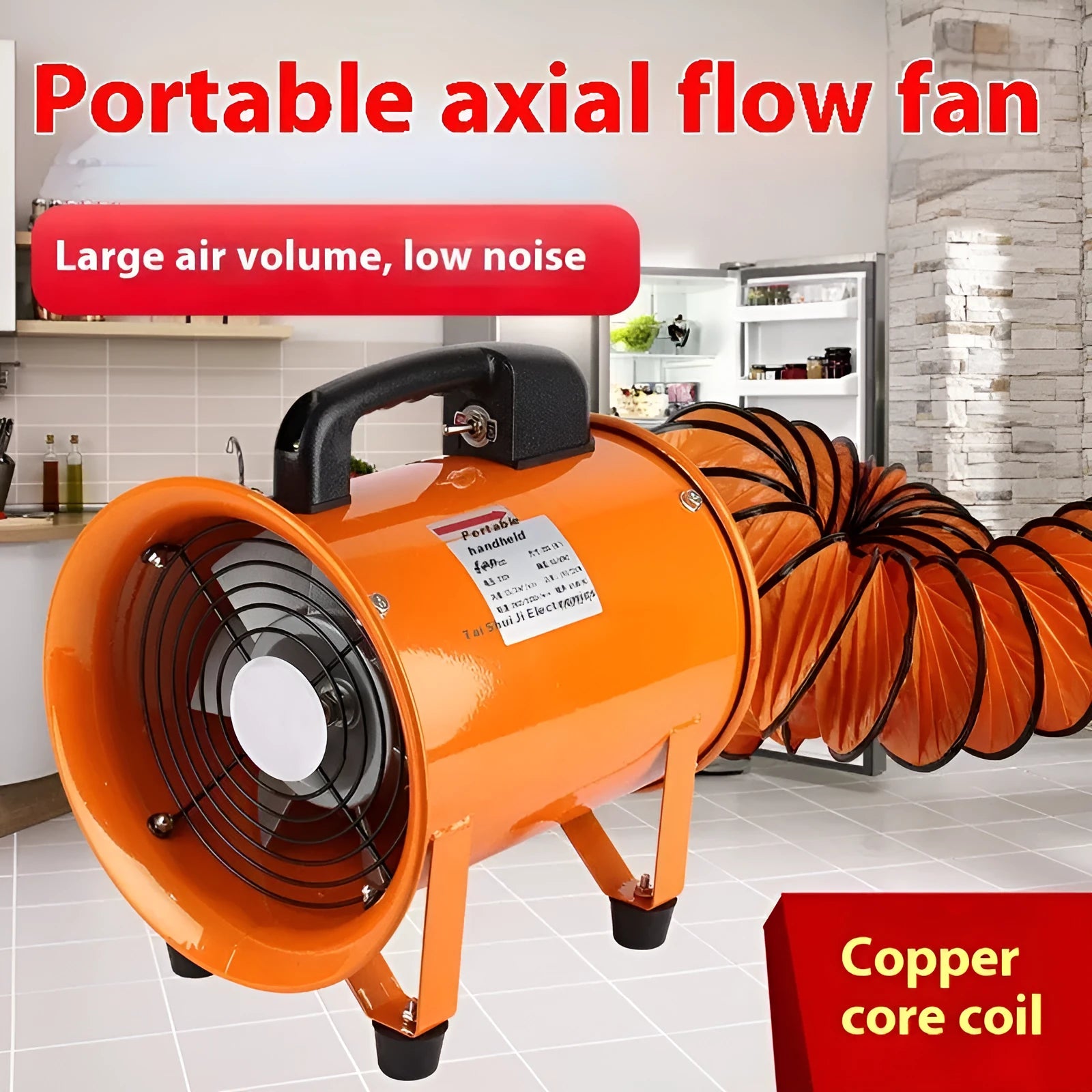 Industrial axial flow fan with 8-inch titanium steel blades and 5-metre ducting for workshop ventilation
