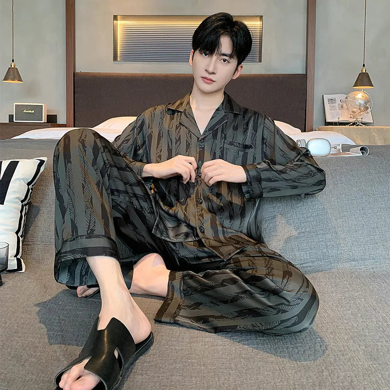Men's black striped Ice silk long sleeve V-neck pajama set with trousers.