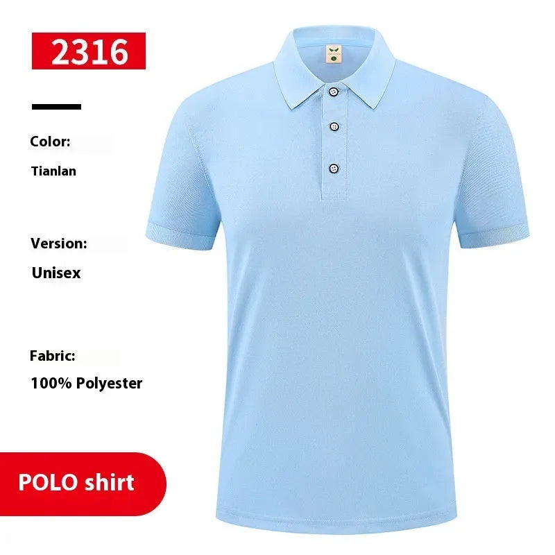 Short sleeve ice silk polo shirt on a hanger, shown in a solid colour with an advertising logo pattern.