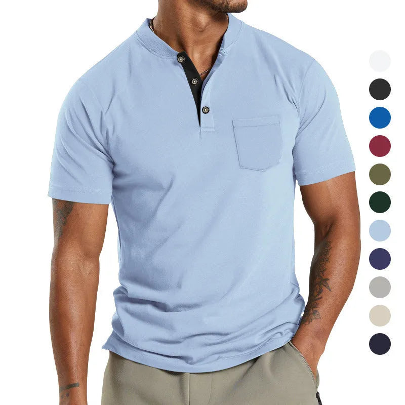 Plus size man wearing a light khaki short sleeve polyester shirt with a button chest pocket.