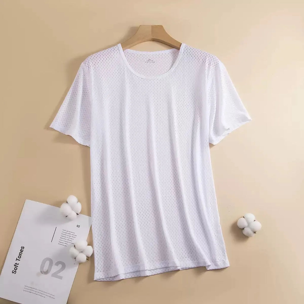 Men's solid colour Ice Silk short sleeve crew neck T-shirt in loose fit on a hanger.