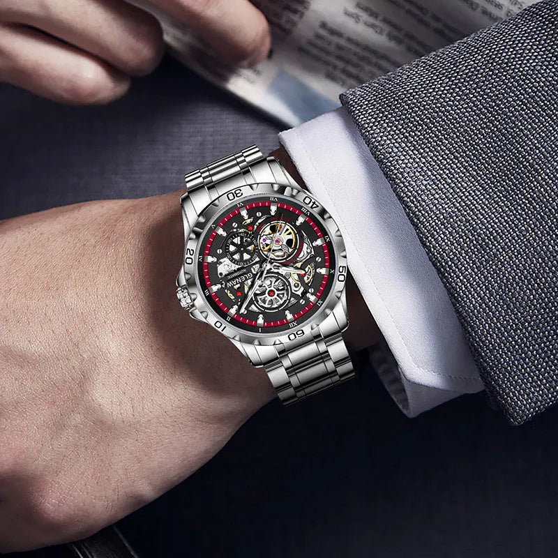 Men's automatic skeleton watch with luminous hands, silver case, and coloured steel bracelet