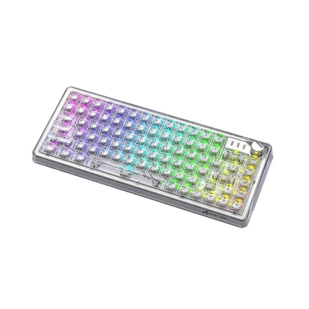 Attack Shark K75RGB transparent wireless mechanical keyboard with RGB lighting showing through PC case