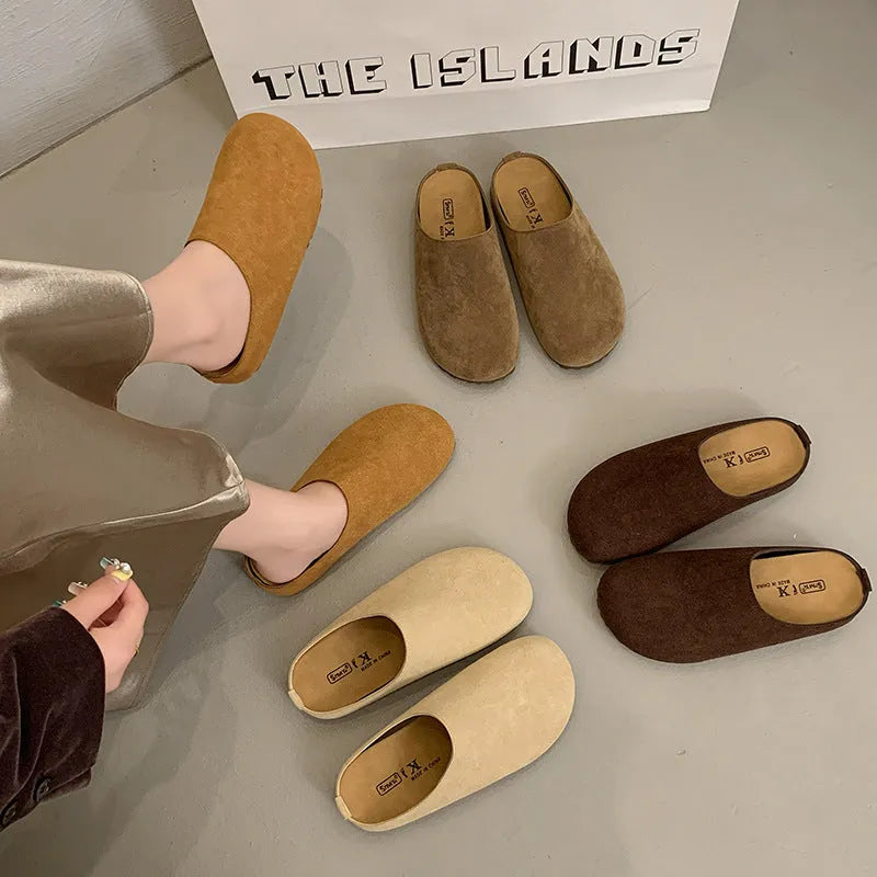 Korean style square toe slippers in apricot, khaki, camel, and brown colours on a soft microfibre upper with PU sole.