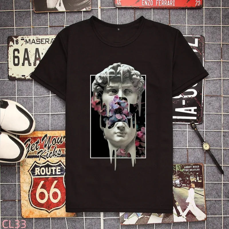 Men's black loose short-sleeve t-shirt round neck polyester fibre heat transfer print