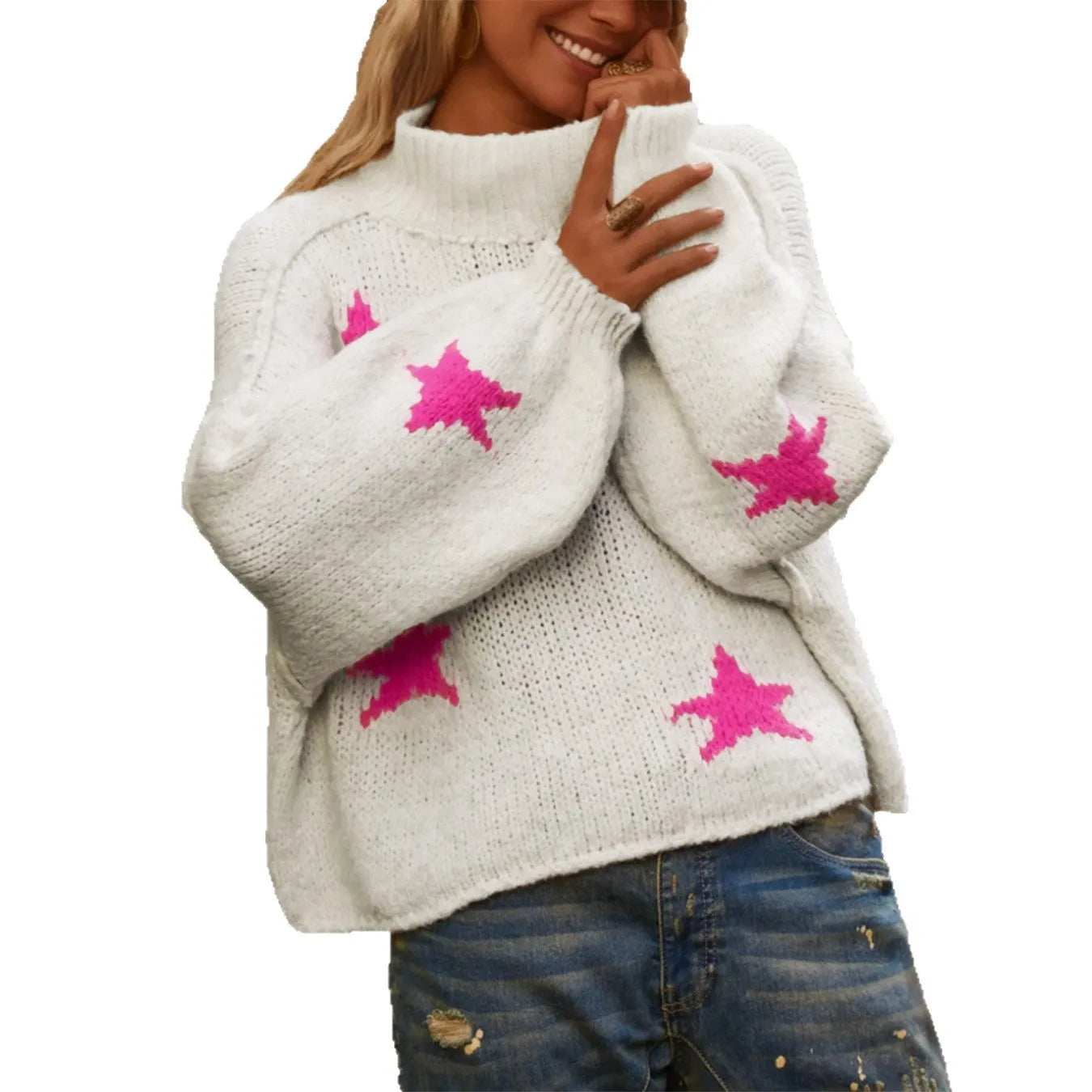 White women's imitation velvet pullover jumper with star pattern and turtleneck design