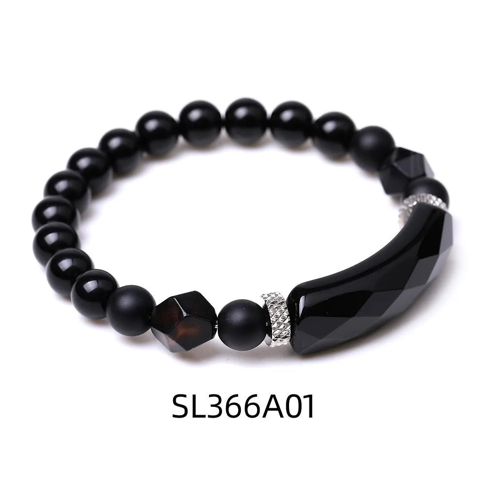 Black agate bracelet with diamond-shaped geometric cut and fan pattern detailing