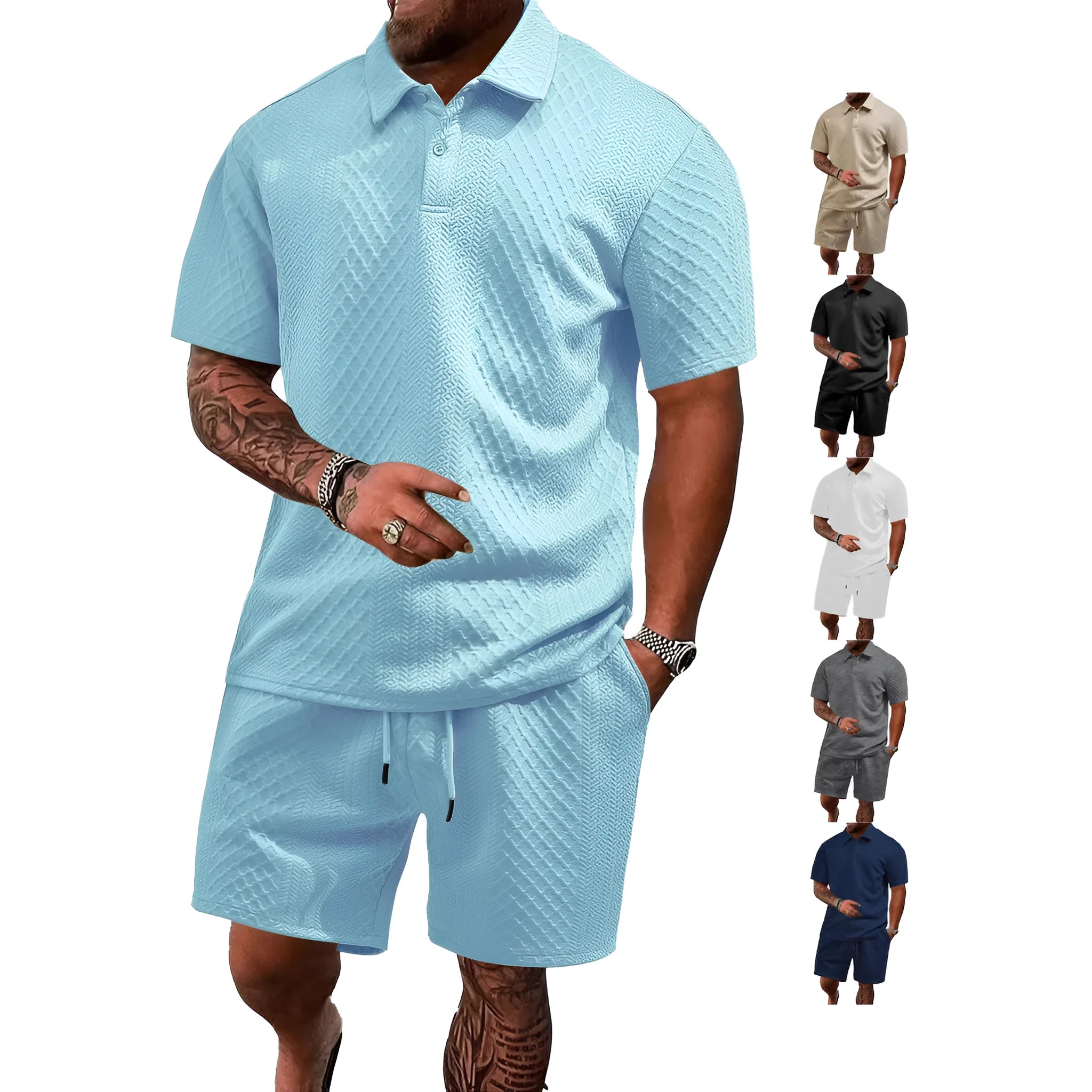 Men's patterned cloth short sleeve polo suit in light blue, shown with matching trousers.