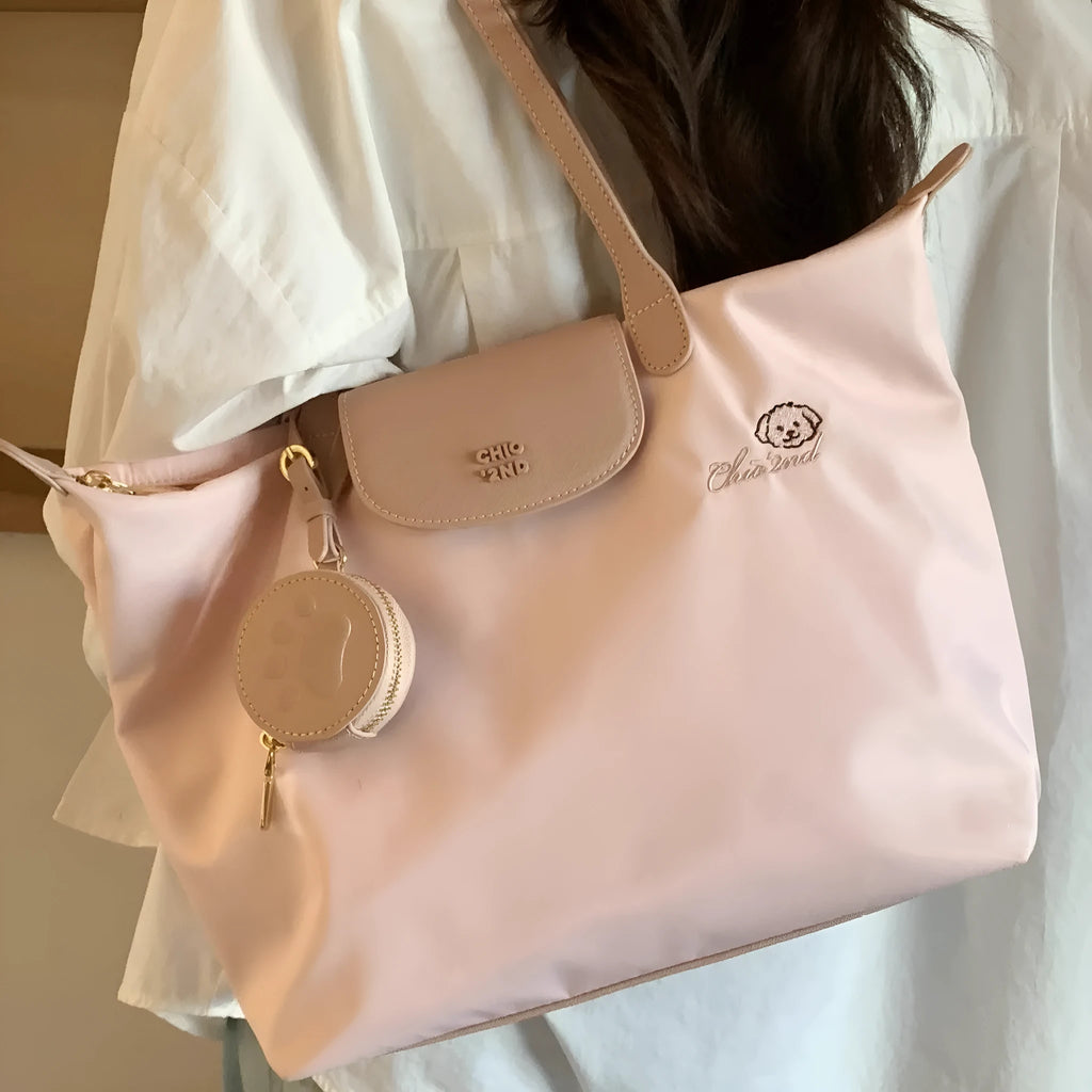 Oxford cloth shoulder tote bag with sandwich pocket and mobile phone compartment in pink macaron colour