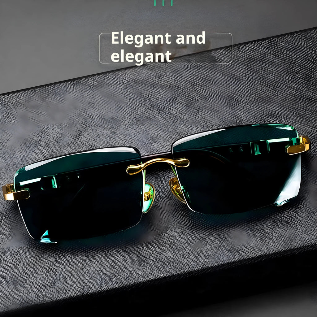 Dark green frameless sunglasses with a protective case and cleaning cloth.