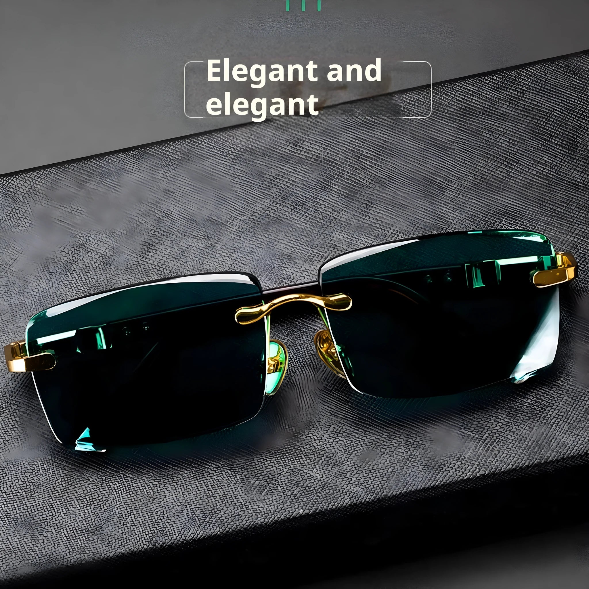 Dark green frameless sunglasses with a protective case and cleaning cloth.
