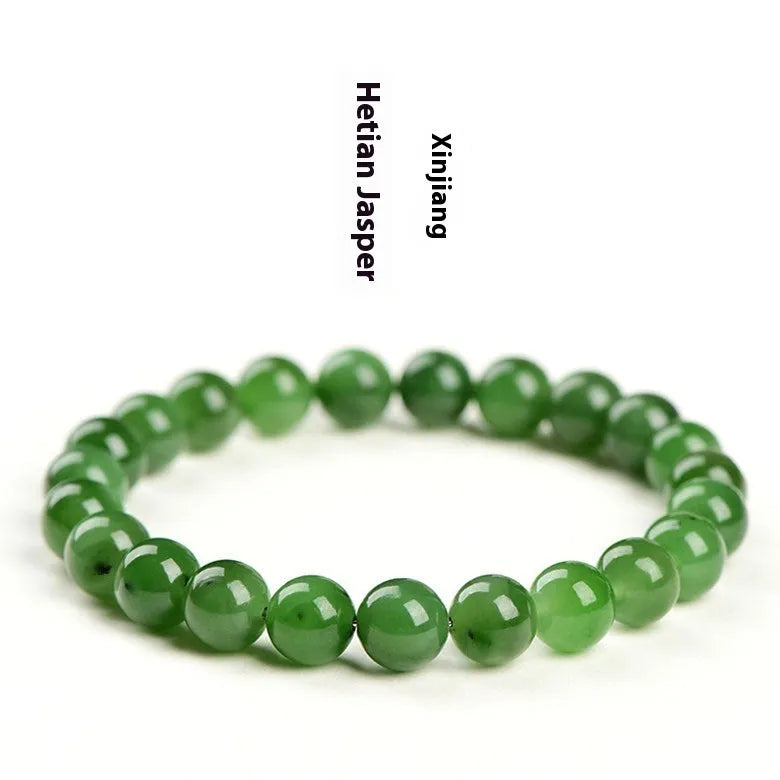 Natural Hetian jade jasper bead bracelet with polished finish in earthy green tones
