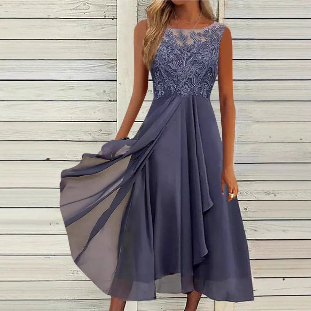 Women's sleeveless lace chiffon dress in green, purple, or blue with hollow-out stitching.