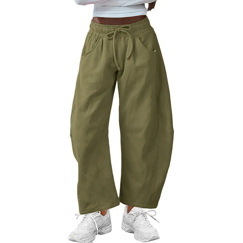 Cotton loose cropped sweatpants with elastic waist in seven colour options including apricot and army green
