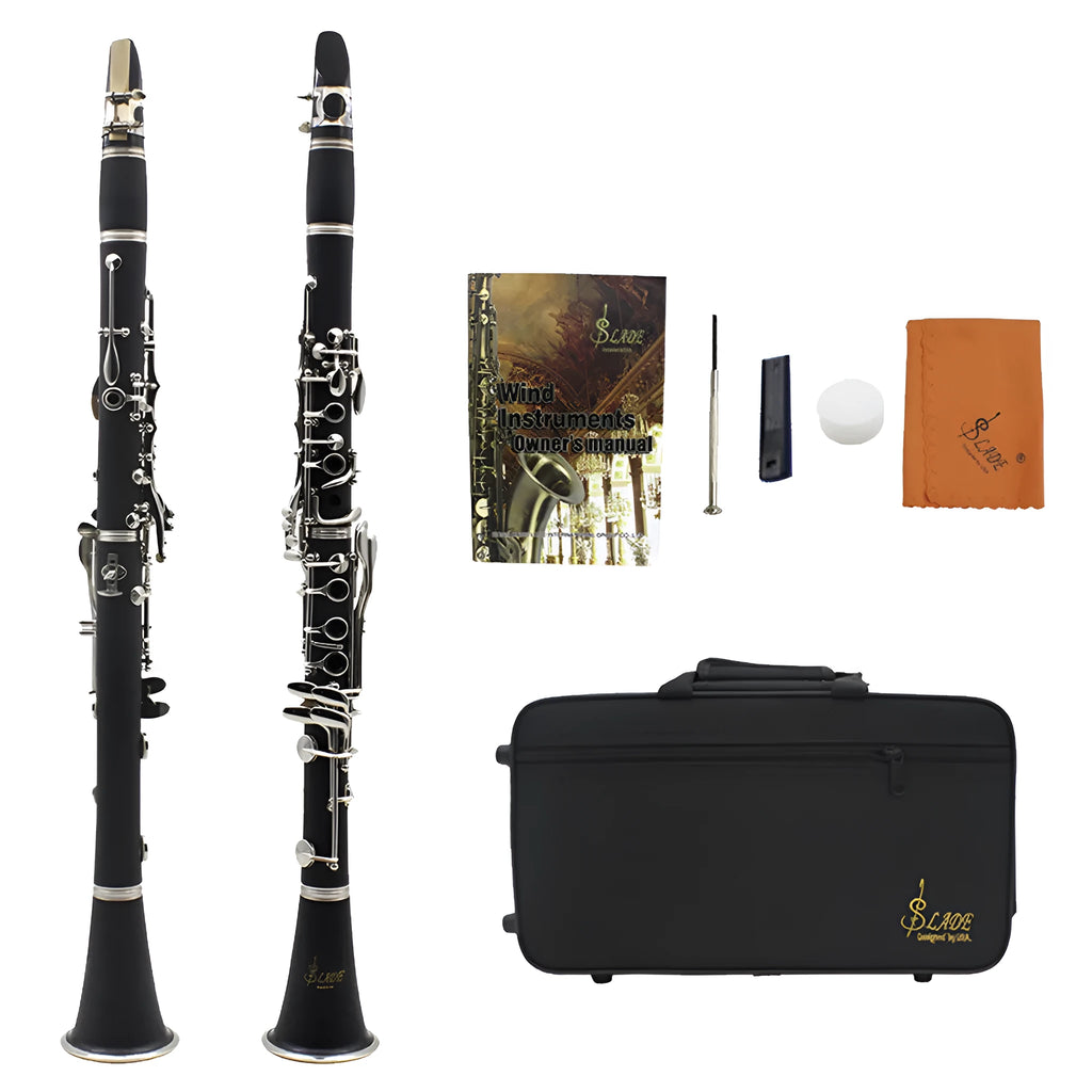 Black Bakelite beginner clarinet with 17 nickel-plated keys and a carrying bag.