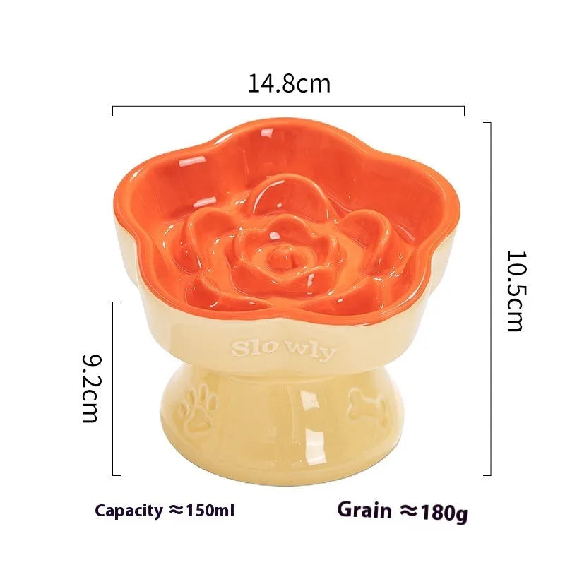Black ceramic pet bowl with high foot neck protector design for spill prevention