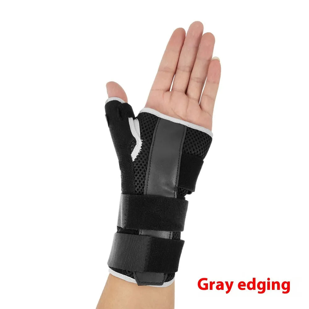 Black carbon fibre sports wrist guard with thumb strap for left or right hand support