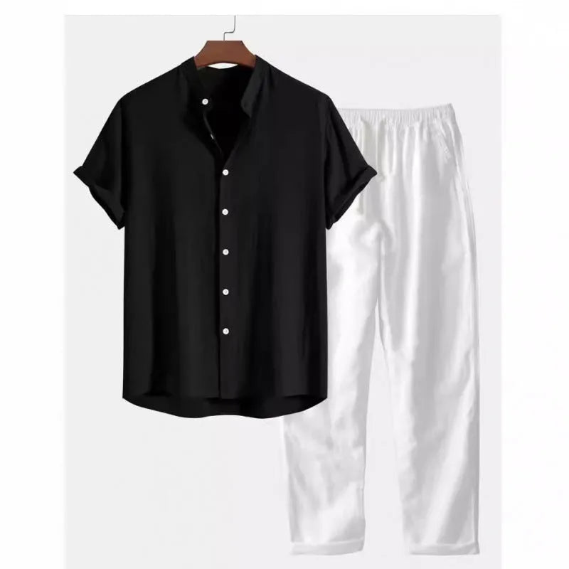 Men's casual loose fit polyester linen shirt and trousers suit in multiple colour options