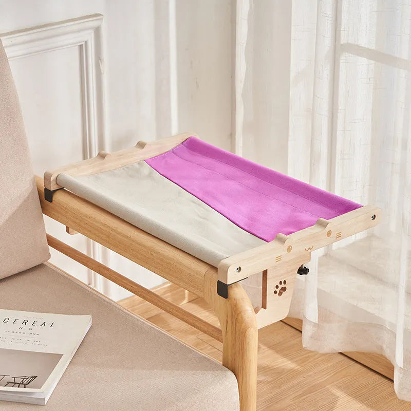 Wooden frame cat hammock bed hanging on a window, suitable for cats and small dogs.