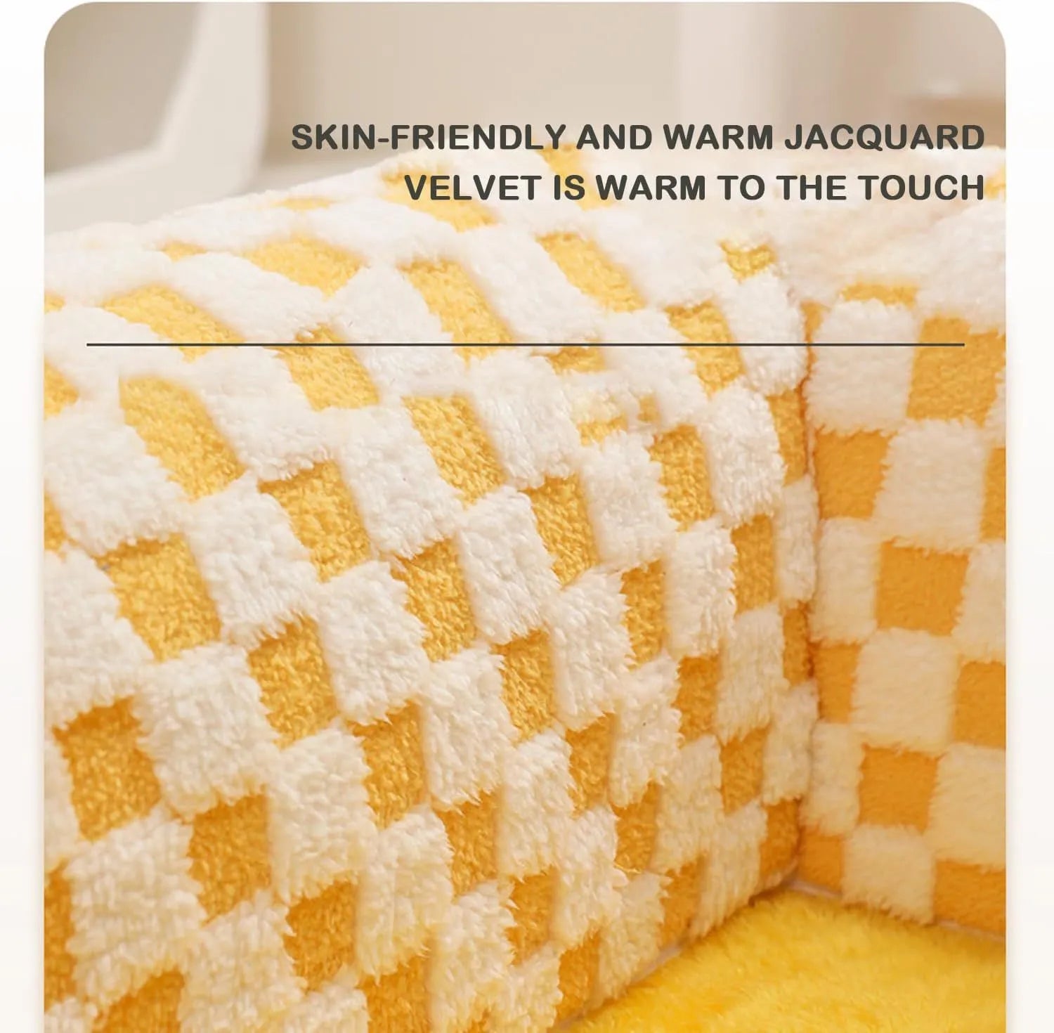 XL fan-shaped plush pet bed tunnel for dogs and cats in yellow plaid colour with anti-slip bottom.
