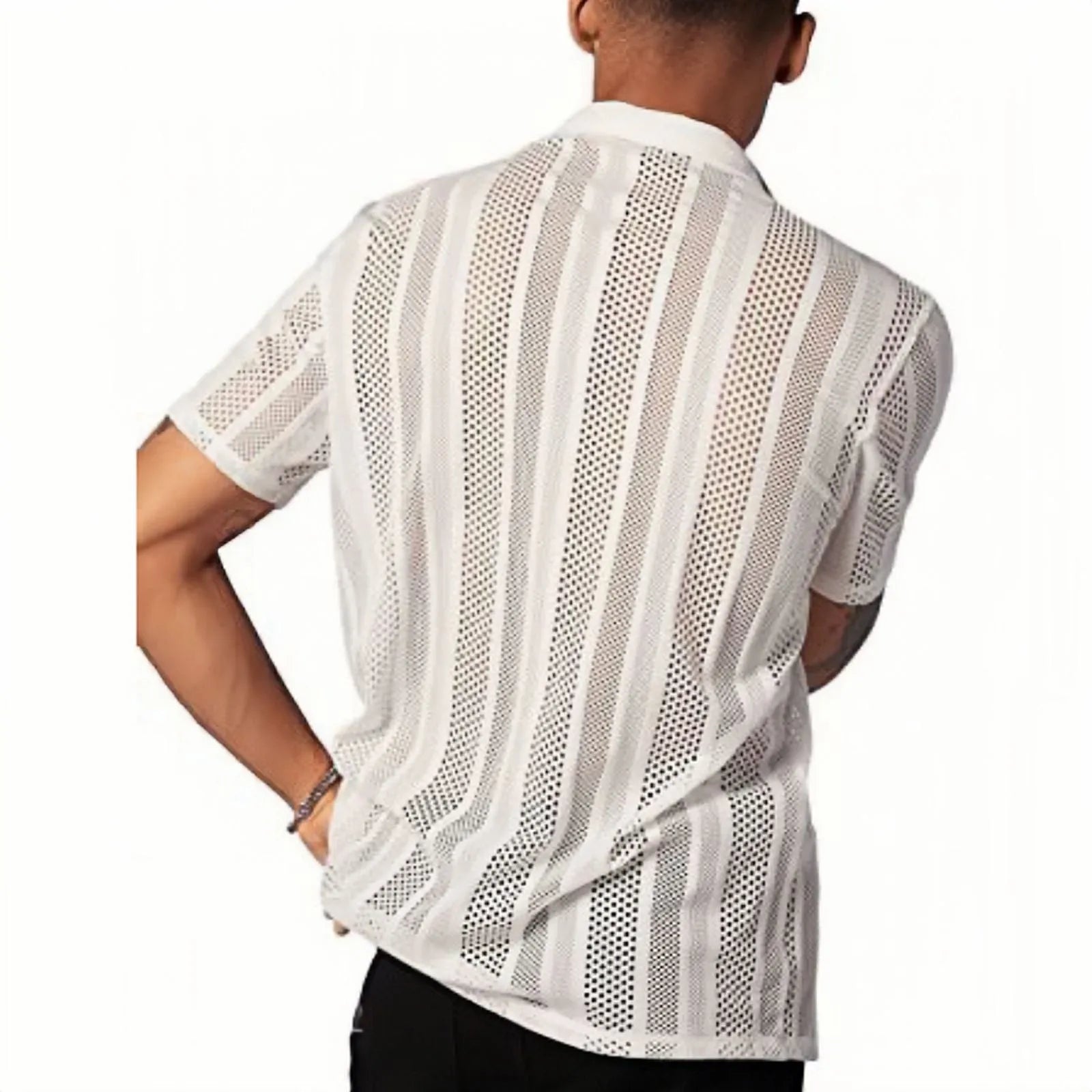 Men's black and white jacquard knitted short-sleeved cardigan shirt with button front