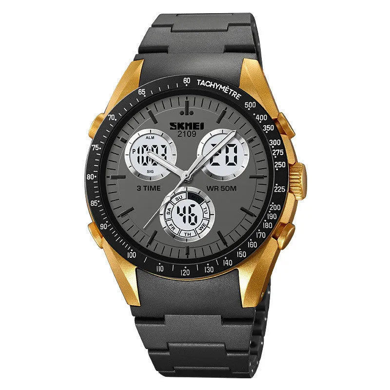 Electronic digital watch with a camouflage TPU strap and resin mirror, showing time on display.