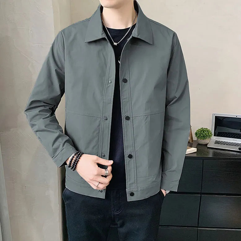 Korean style men's thin single-layer polyester jacket in light grey, showing front view.