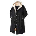 Men's solid color casual mid-length trench coat with hood in khaki, front view, 65cm length