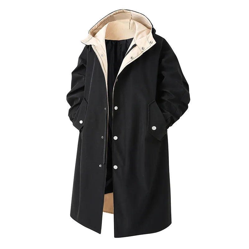Men's solid color casual mid-length trench coat with hood in khaki, front view, 65cm length