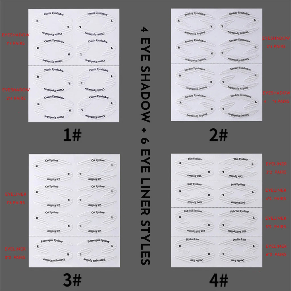 Set of 4 reusable eyeliner makeup sticker templates showing winged liner and cat-eye designs