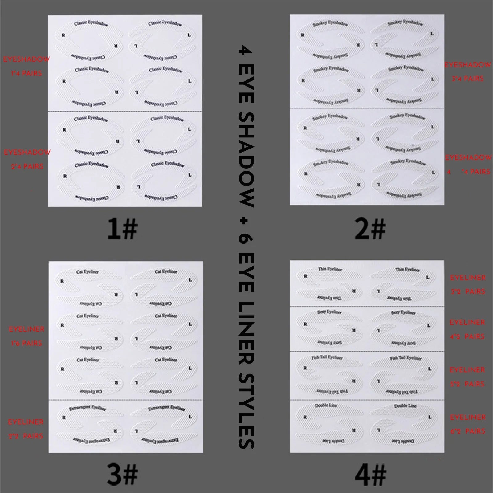 Set of 4 reusable eyeliner makeup sticker templates showing winged liner and cat-eye designs