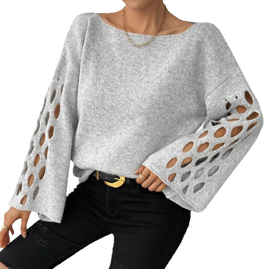 Women's solid colour hollow-out long sleeve round neck pullover sweater in gray, plus size