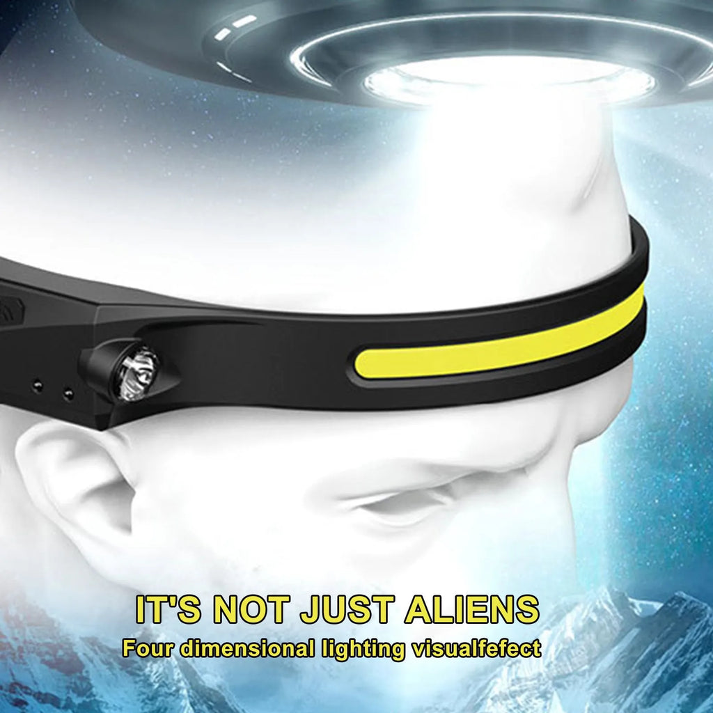 COB LED induction headlamp with wide beam and side LED for long-distance lighting, USB rechargeable, silicone build