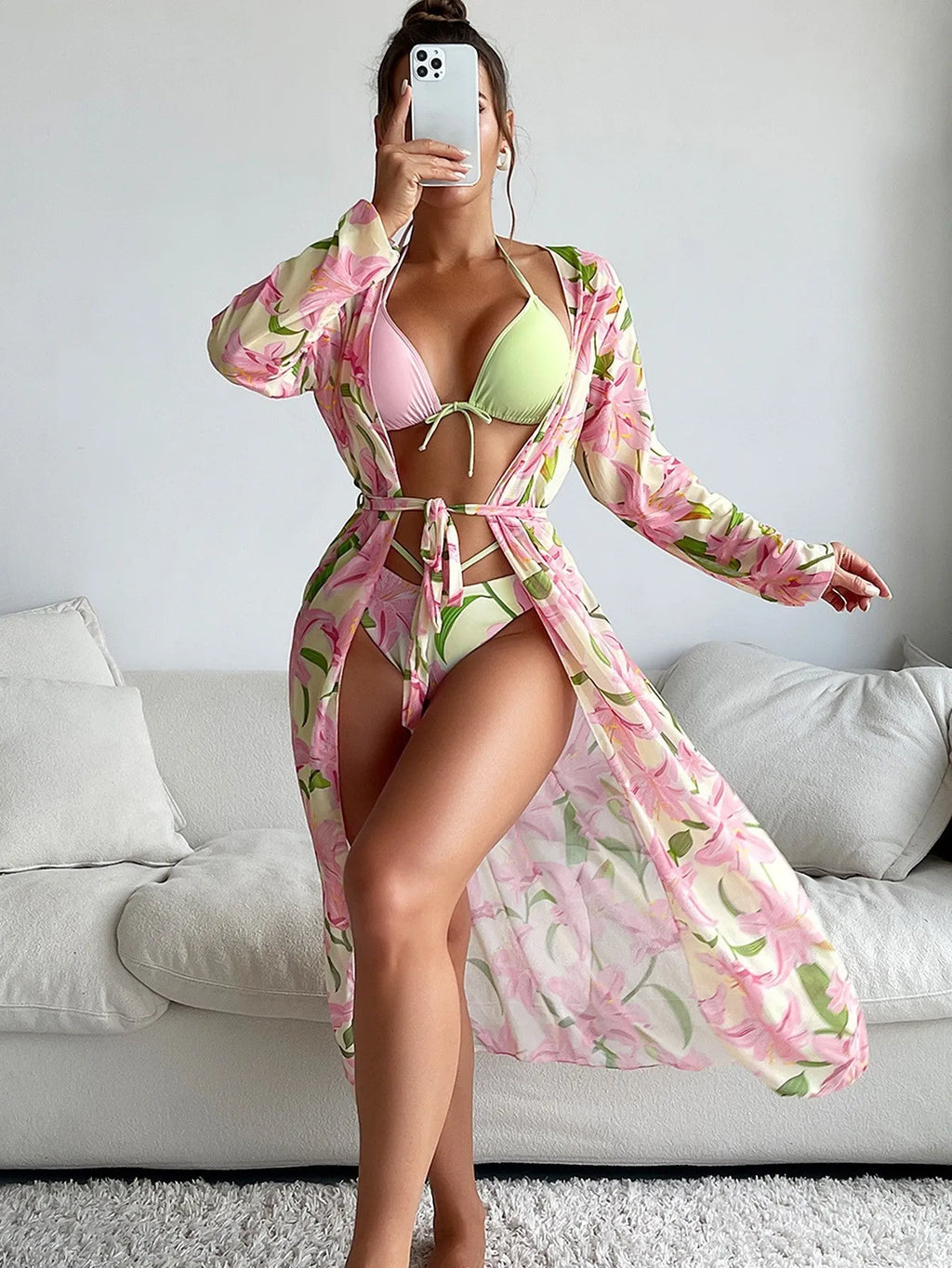 Women's printed bikini swimsuit top and bottom on a white background.