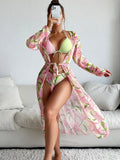 Women's printed bikini swimsuit top and bottom on a white background.