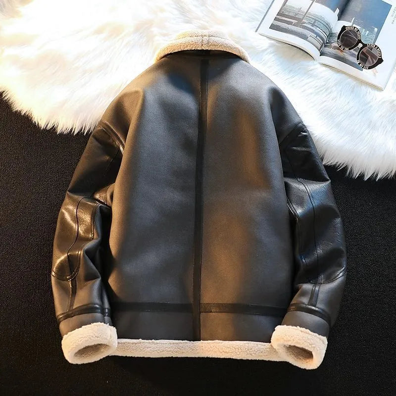 Men's Winter Fleece Cashmere Leather Coat Casual Solid Colour Polyester Jacket Black Dark Brown Sizes M L XL 2XL 3XL Teenagers Adults Male Casual Wear Outerwear