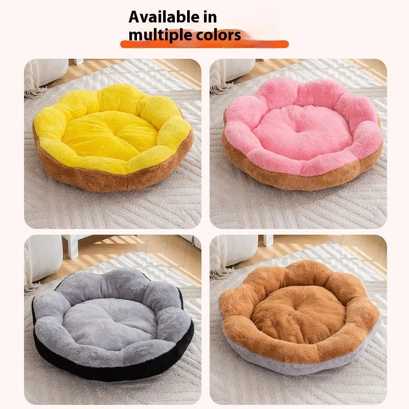 Round rabbit plush cat bed with raised edges in brown gray colour, shown with detachable cover