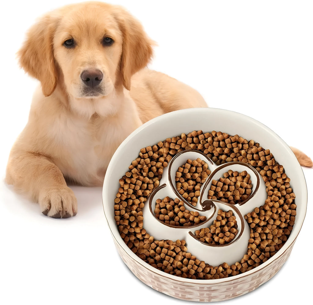 Blue ceramic slow feeder dog bowl with raised ridges for medium and large dogs on non-slip base